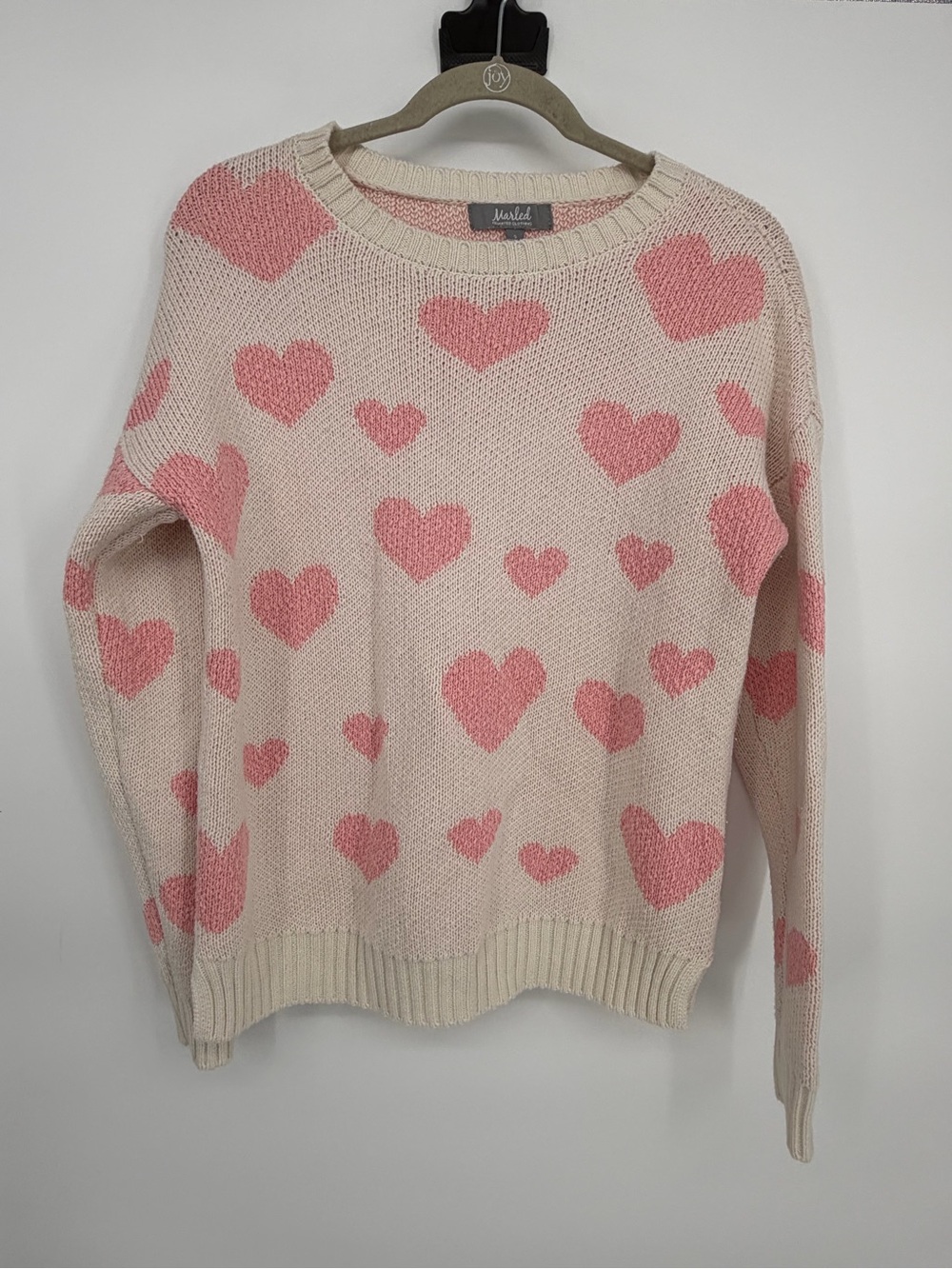 Marled Cream & Pink Heart Crewneck Sweater